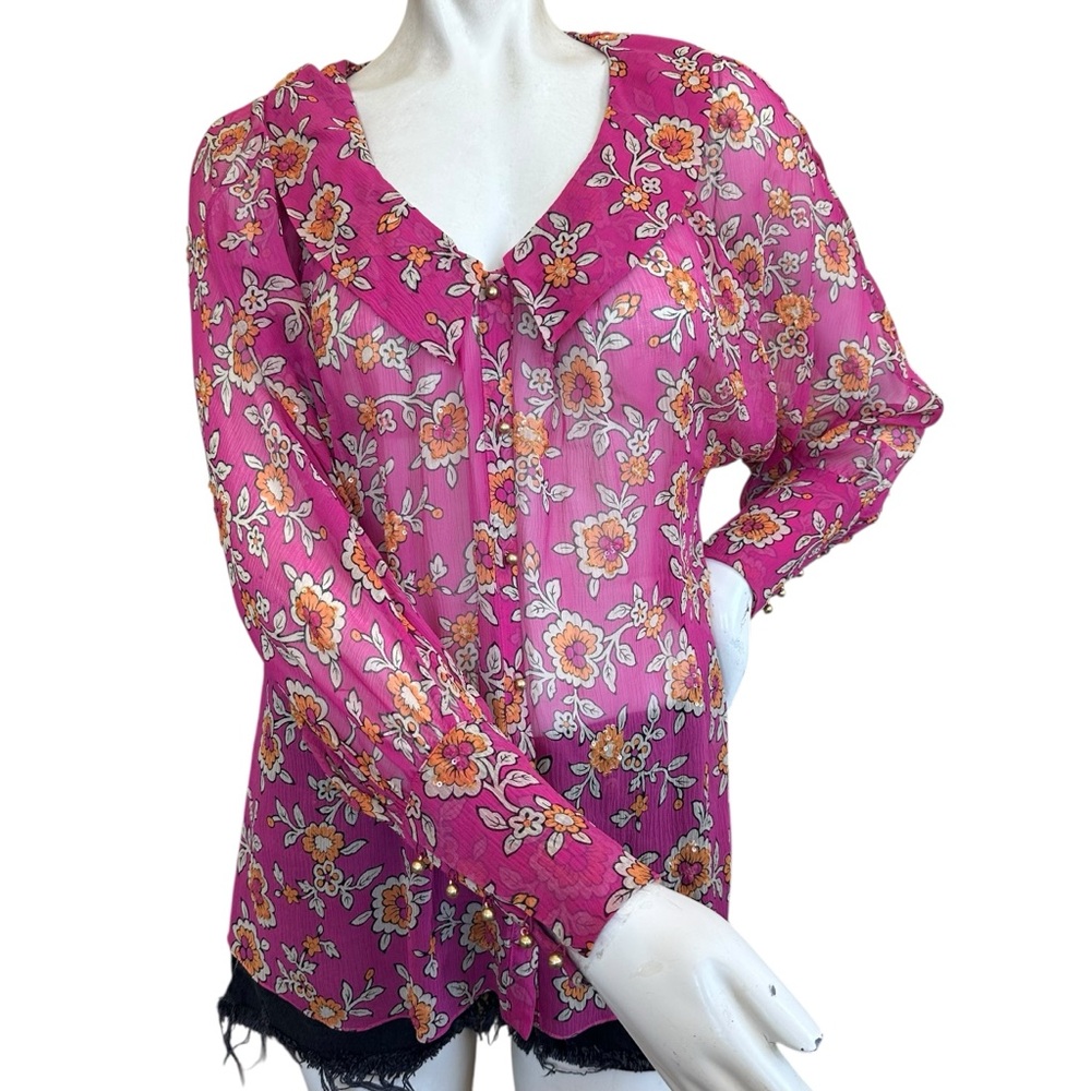 Anthropologie Leifsdottir Pink & Orange Floral Sheer Collared Silk Blouse Size 6